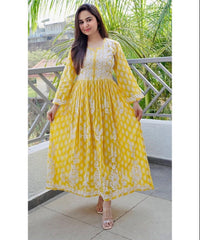 Printed work with Chikankari Embroided Gown
