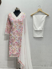 Mirror work Digital Print Kurti Pant Dupatta Set (Stitched)