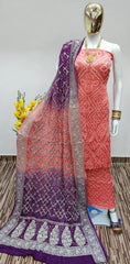 Modal Ghazi Silk Barik Bandhej Work Authentic Gujarati Bandhani Dress Material (Unstitched)