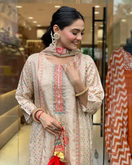 Multicolor Polkadot with Digital Print work Ready to Wear 3 Pc Kurti Pant Dupatta Set (Stitched)