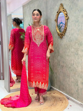 Natural Crepe Sequence Embroidery Mirror Work Designer Kurti Pant Dupatta Set (Ready to Wear)