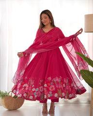 Organza Silk Hand Work Anarkali Kurti Dupatta Pant Set ( Ready to Wear)