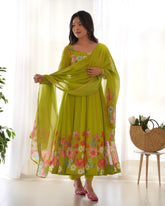 Organza Silk Hand Work Anarkali Kurti Dupatta Pant Set ( Ready to Wear)