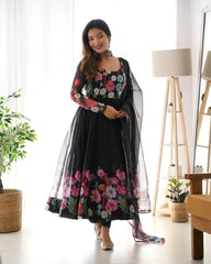 Organza Silk Hand Work Anarkali Kurti Dupatta Pant Set ( Ready to Wear)