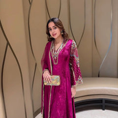 Premium Multi Color Embroidery Work Designer Velvet Kurti Pant Dupatta Set (Ready to Wear)