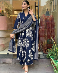 Pure Cotton Sanganeri Print Work Summer Wear Anarkali Flair Kurti Pant Dupatta Set ( Ready to Wear)