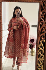 Pure Soft Cotton Summer Special Block Print work Kurti Pant Dupatta Set (Ready to Wear)