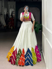 Rayon Multi Color Patch Lace Gamthi Kodi Work White Concept Navratri Special Lehenga Choli (Ready to Wear)