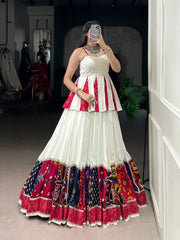 Rayon Patch Lace Work with Bandhani Print White Concept Navratri Garba Special Lehenga Choli (Ready to Wear)