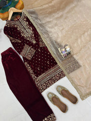 Real Moti Work with Sequence Embroidery Designer Velvet Kurti Pant Dupatta Set (Ready to Wear)
