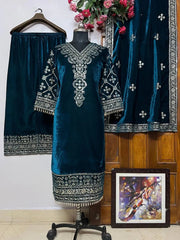 Sequence Embroidery Work 3Pc Ready to Wear Winer Special Velvet Kurti Pant Dupatta Set