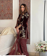 Sequence Embroidery Work Winter Special Velvet Kurti Pant Dupatta Set (Ready to Wear)