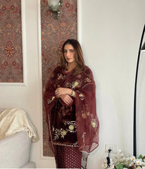 Sequence Embroidery Work Winter Special Velvet Kurti Pant Dupatta Set (Ready to Wear)