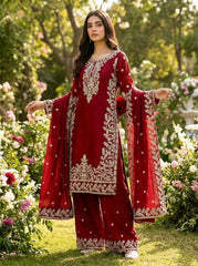 Silk Sequence Embroidery Work Designer Kurti Pant Dupatta Set