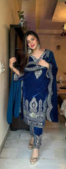 Viscos Seuqence Embroidery Work Designer Velvet Kurti Pant Dupatta Set (Ready to Wear)