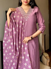 Viscose Chanderi Fabric V Neck Embroidery Work Jeckard Buta Kurti Pant Dupatta Set for Summer (Ready to Wear)