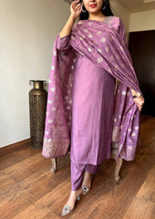 Viscose Chanderi Fabric V Neck Embroidery Work Jeckard Buta Kurti Pant Dupatta Set for Summer (Ready to Wear)