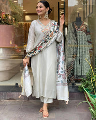 Viscose Chanderi Zari Weaving Neck work Kurti Pant Dupatta Set (Ready to wear)
