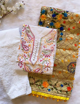 Soft Cotton Kadhai work Kurta with Phulkari Dupatta & Chikankari Palazo Set