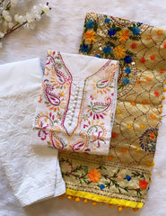 Soft Cotton Kadhai work Kurta with Phulkari Dupatta & Chikankari Palazo Set