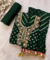 Silk Fabric Neck work with Fumka Work Dupatta Bandhani Dress Material ( Unstitched)