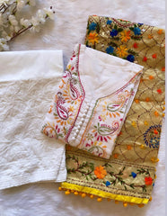 Soft Cotton Kadhai work Kurta with Phulkari Dupatta & Chikankari Palazo Set