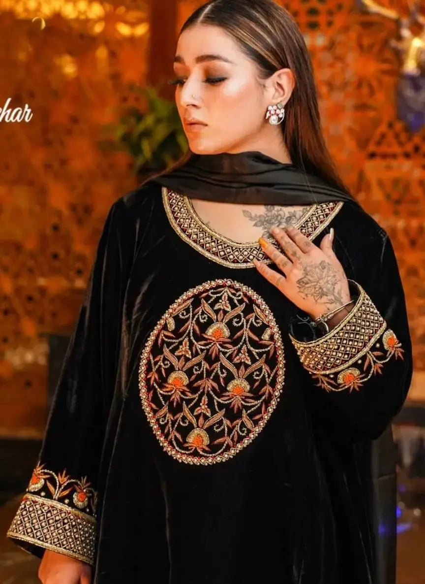 Winter Special Designer Black Velvet Kurti Pant Dupatta Set