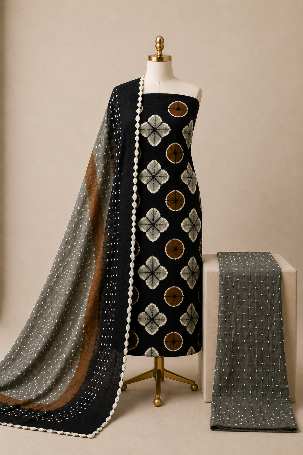 Premium Cotton Satin Shibori Work Handmade Kutch 3Pc Bandhani Dress Material