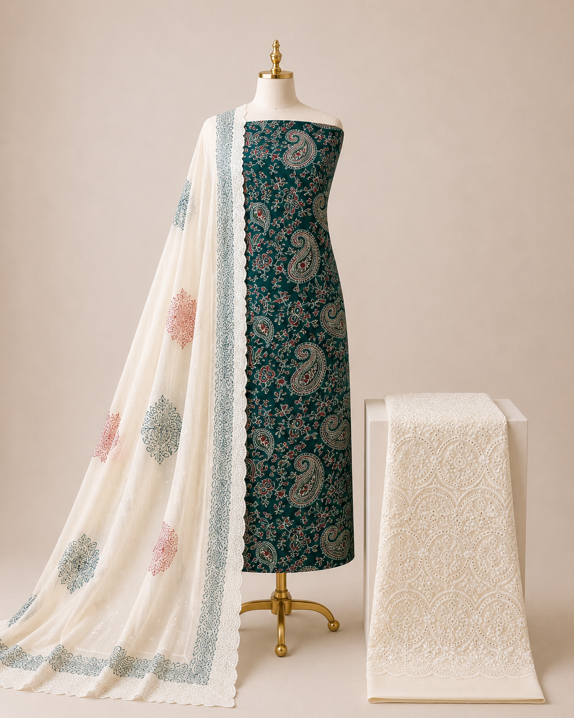 Soft Cotton Hand Blocked Ajrakh Print with Chikan Work Salwar 3Pc Unstitched Dress Material