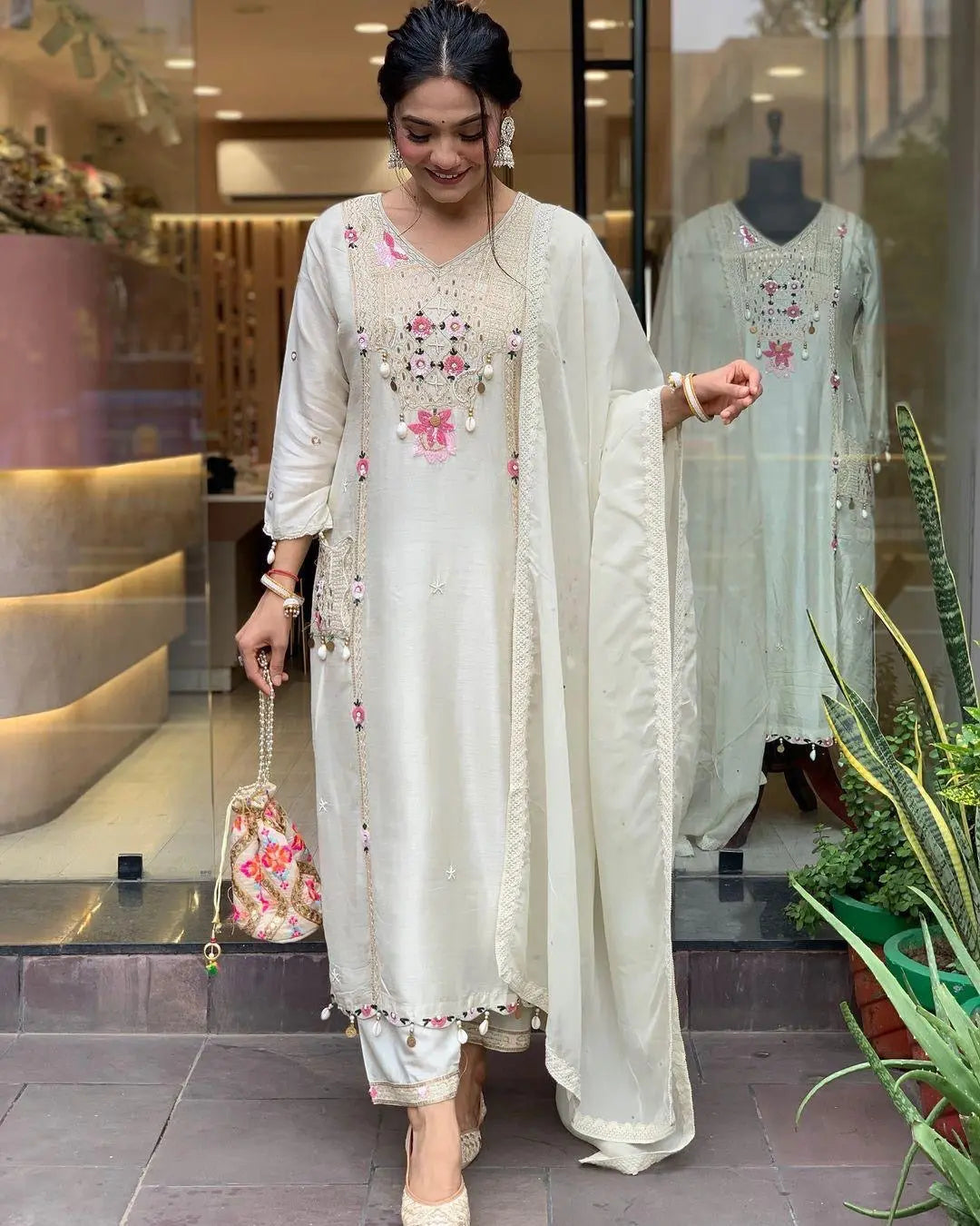 Pure Roman Silk Sequence Embroidery with Kodi Work Summer Special Kurti Pant Dupatta Set