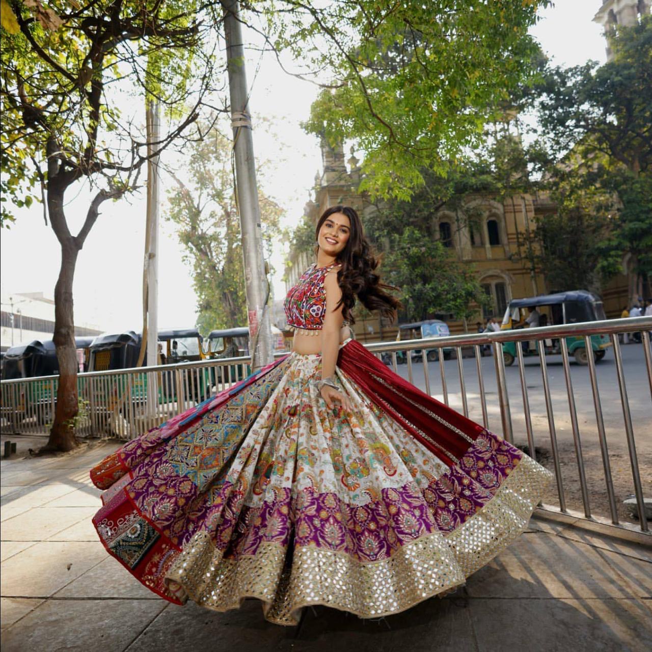 Muslin Digital Print with Mirror Wirk Designer Chaniya Choli for Navratri