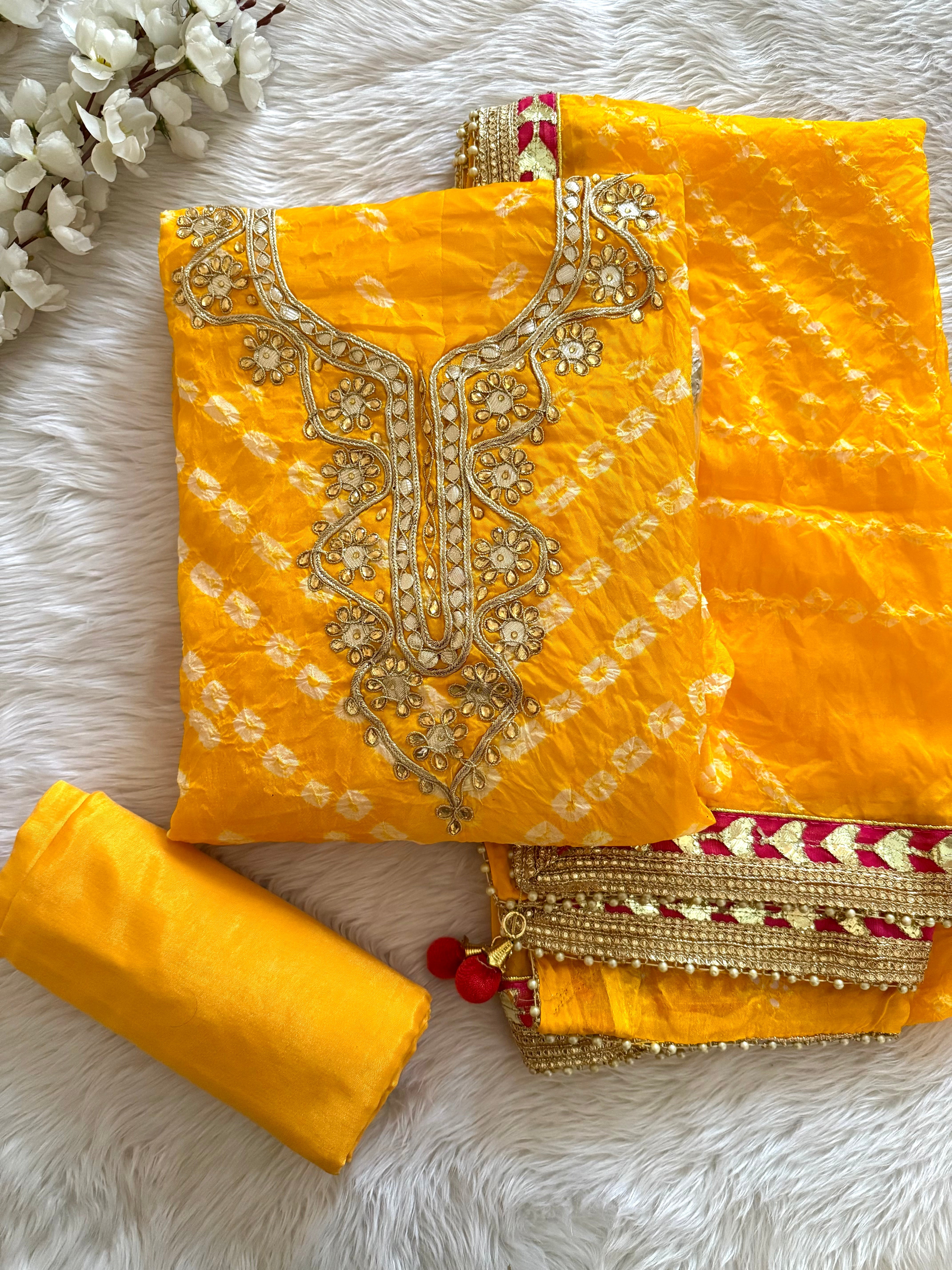 Silk Fabric Neck work with Fumka Work Dupatta Bandhani Dress Material ( Unstitched)