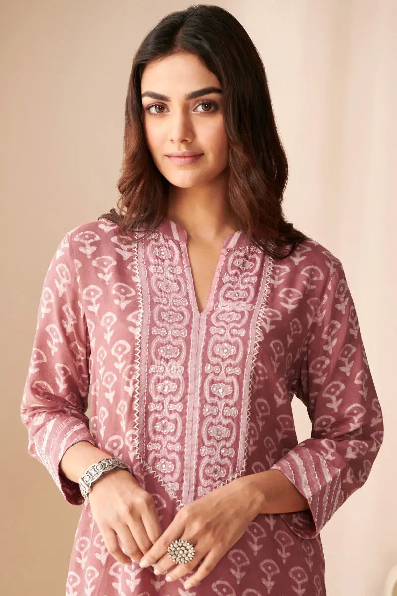 Moti Work Block Print work Kurti Pant Dupatta Set for Summer