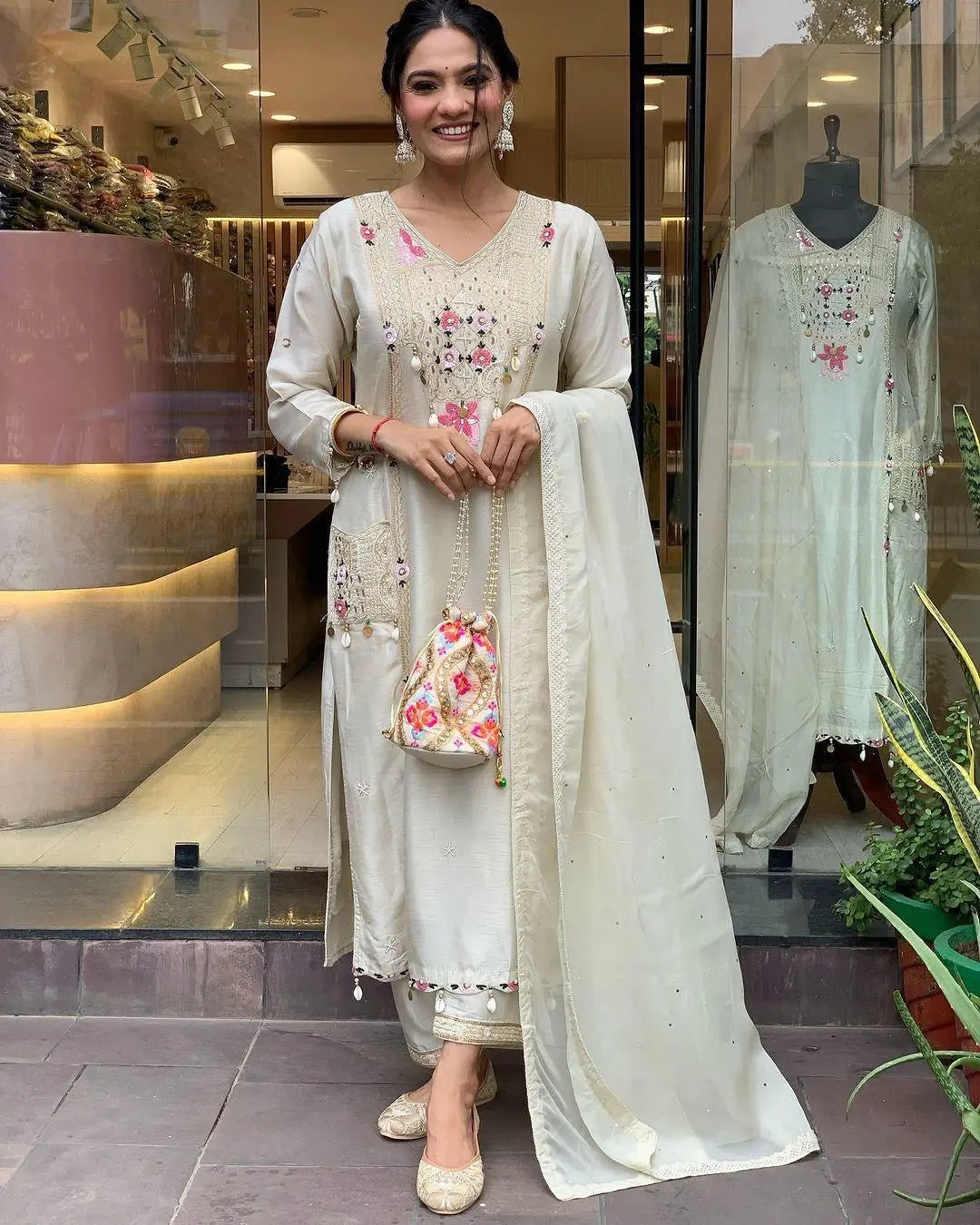 Pure Roman Silk Sequence Embroidery with Kodi Work Summer Special Kurti Pant Dupatta Set