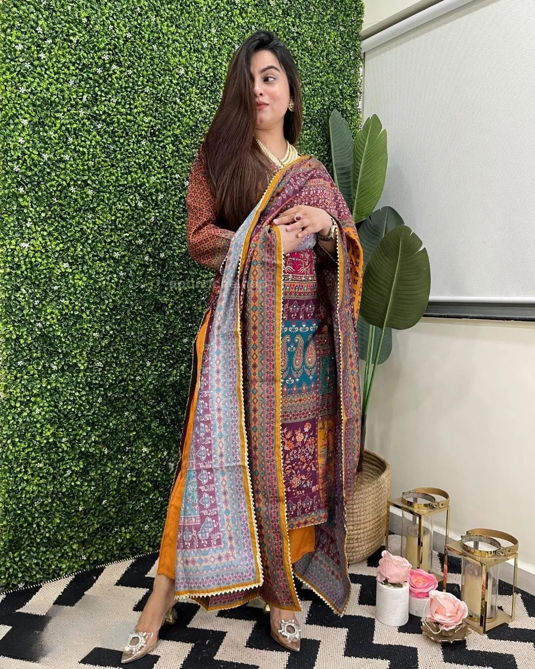 Muslin Real Mirror work Digital Print  Party wear Kurti Pant Dupatta set