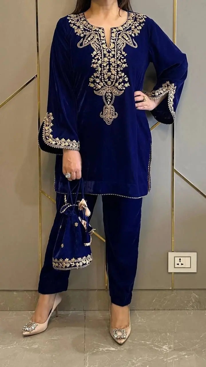 Neck Embroidery work Velvet Kurti Pant Set (Stitched)