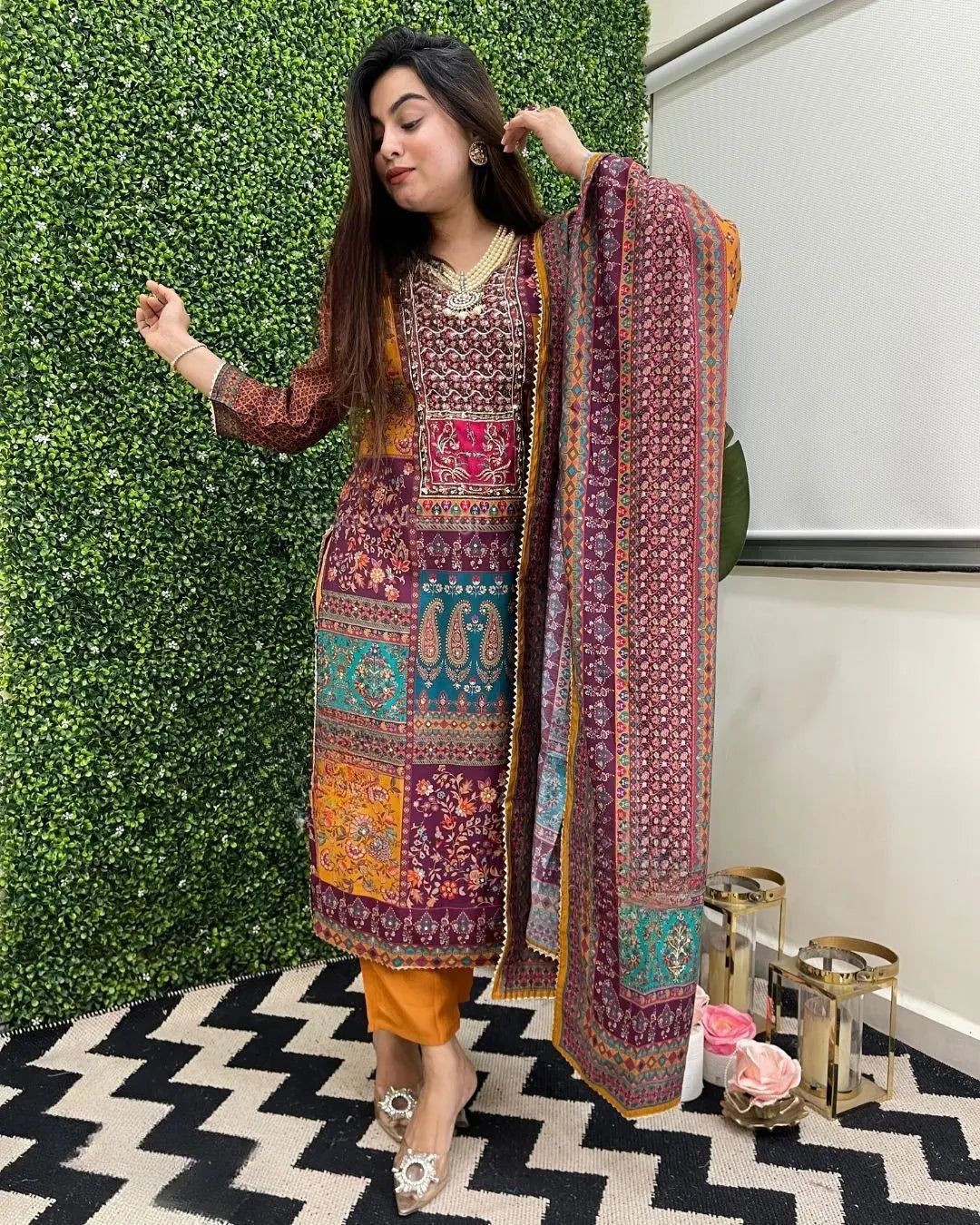 Muslin Real Mirror work Digital Print  Party wear Kurti Pant Dupatta set