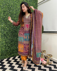 Muslin Real Mirror work Digital Print  Party wear Kurti Pant Dupatta set