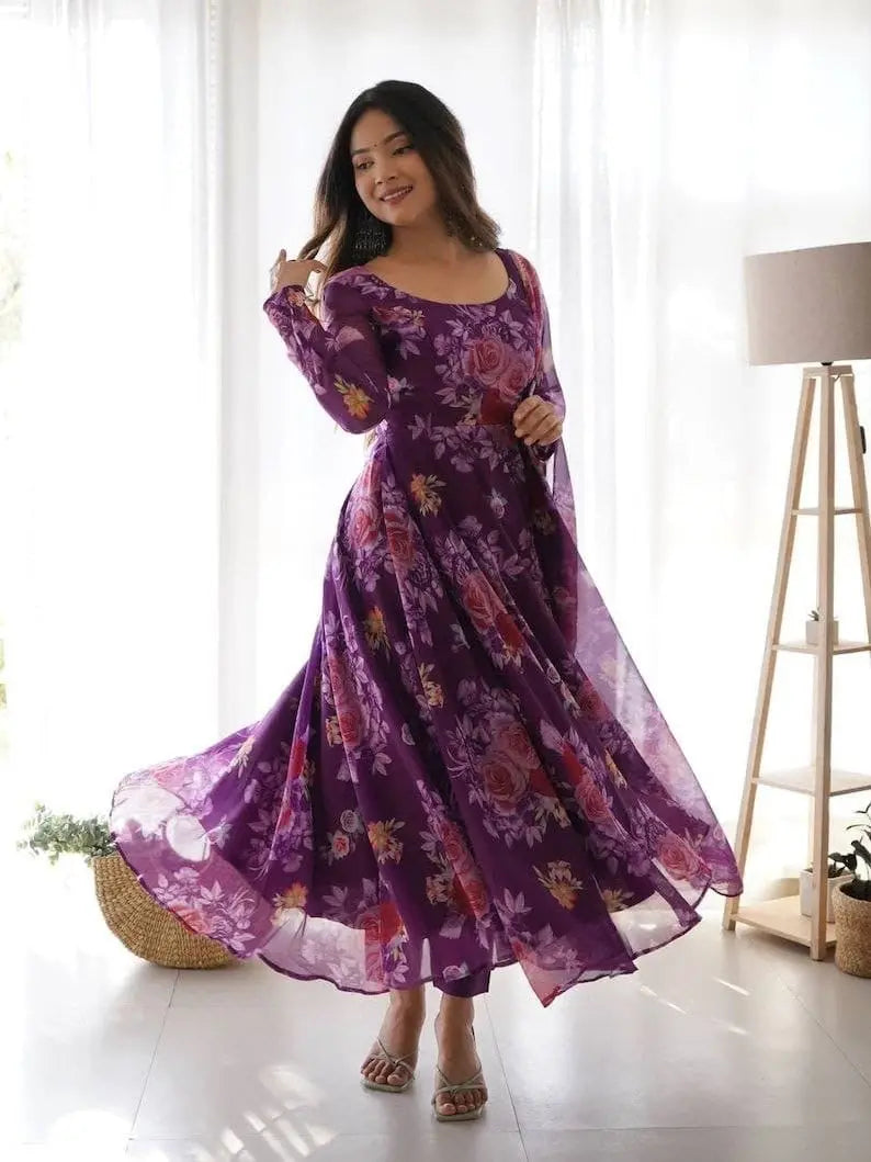 Organza Floral Digital Print Flair Dress Suit