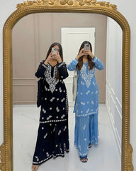 Rayon Cotton Chikankari Thread Embroidery work Kurti Sharara Set (Stitched)