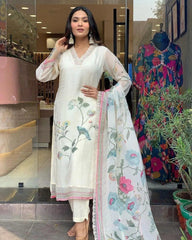 Premium Organza Digital Print work Summer Wear Kurti Pant Dupatta Set (Stitched)