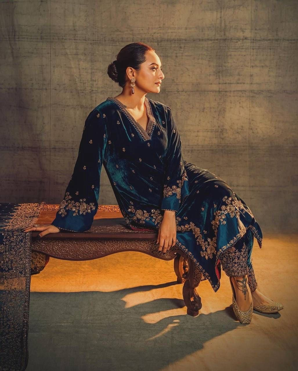Winter Special Velvet Embroidery work Kurti Palazzo Set with Dupatta