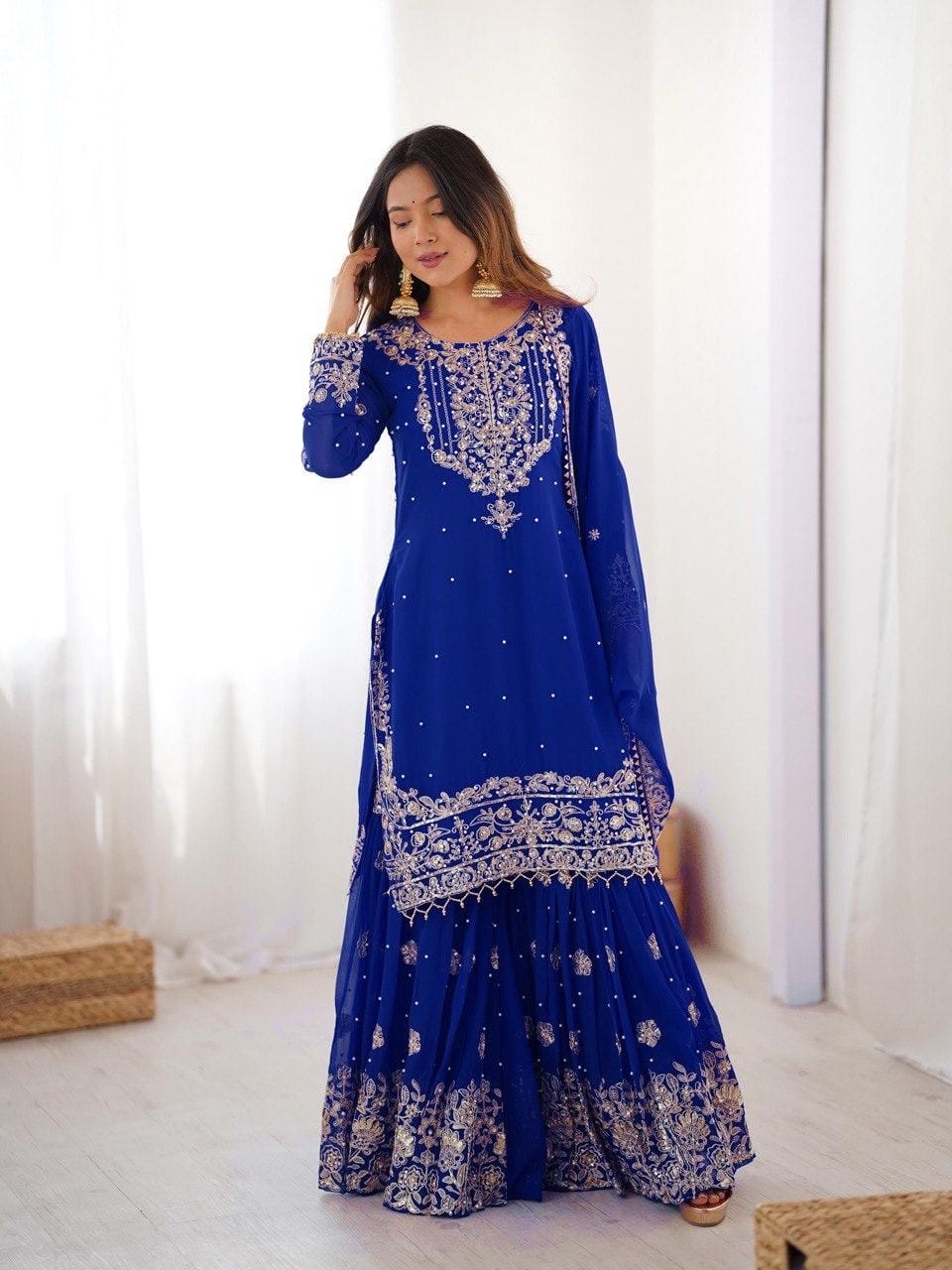 Premium Faux Georgette Embroidery with Moti Work Designer Kurti Sharara Dupatta Set (Ready to Wear)