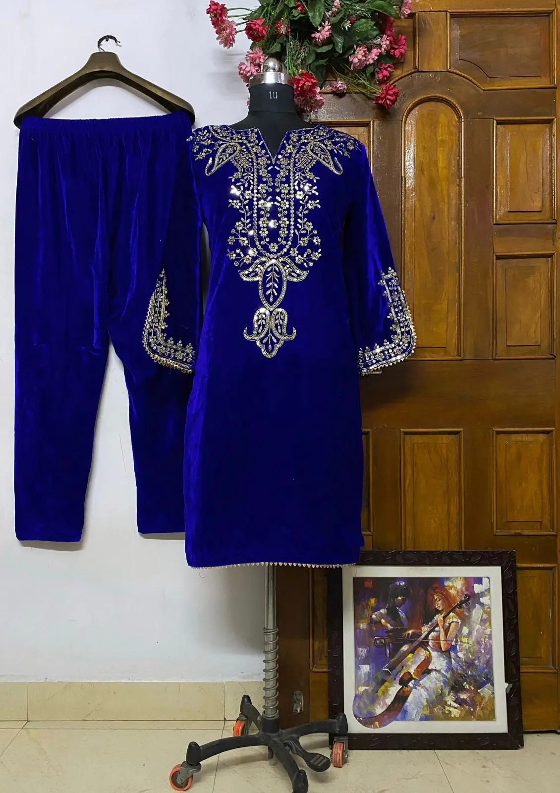 Neck Embroidery work Velvet Kurti Pant Set (Stitched)