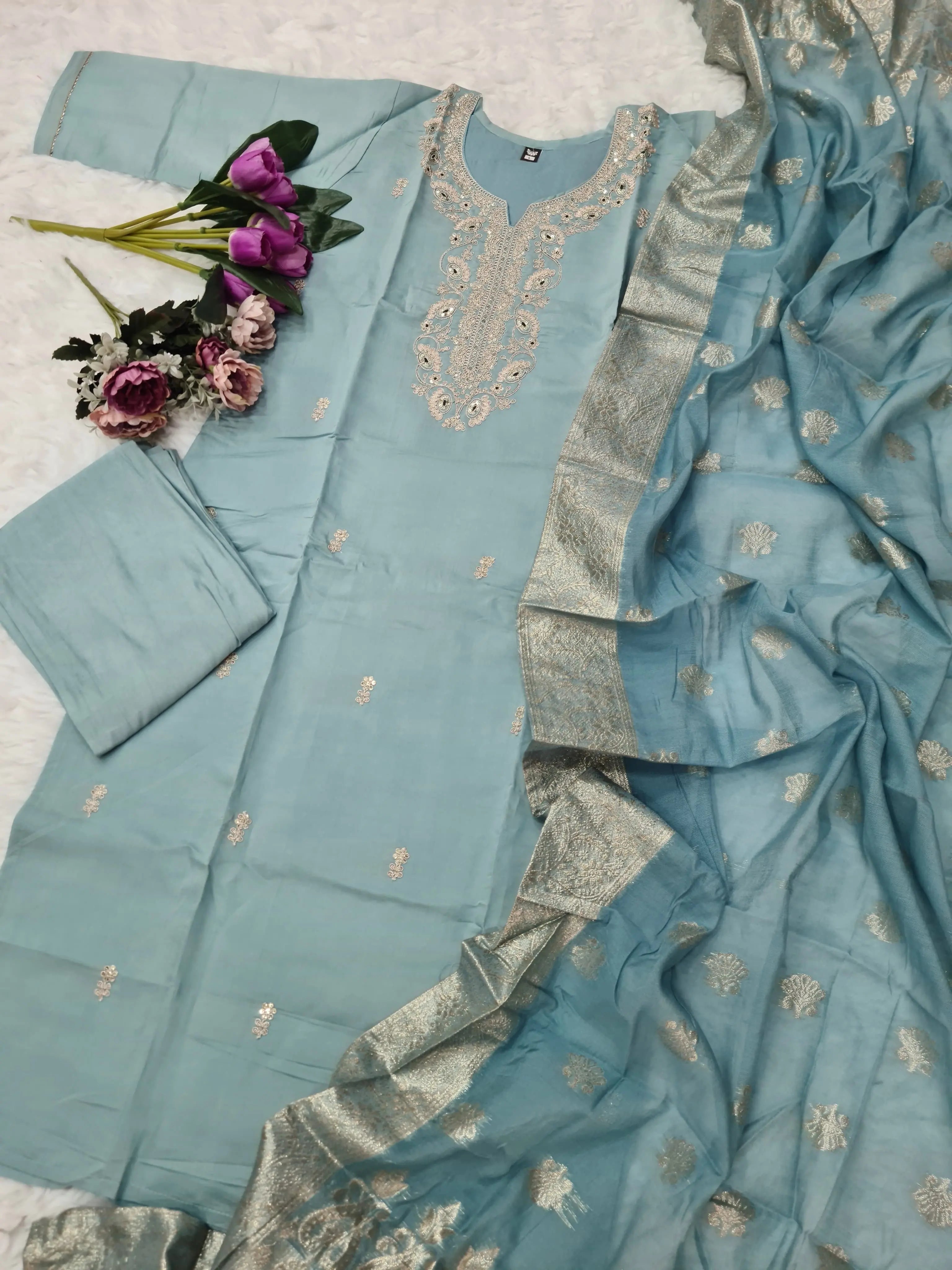 Viscose Chanderi Neck work Kurti Pant Dupatta Set