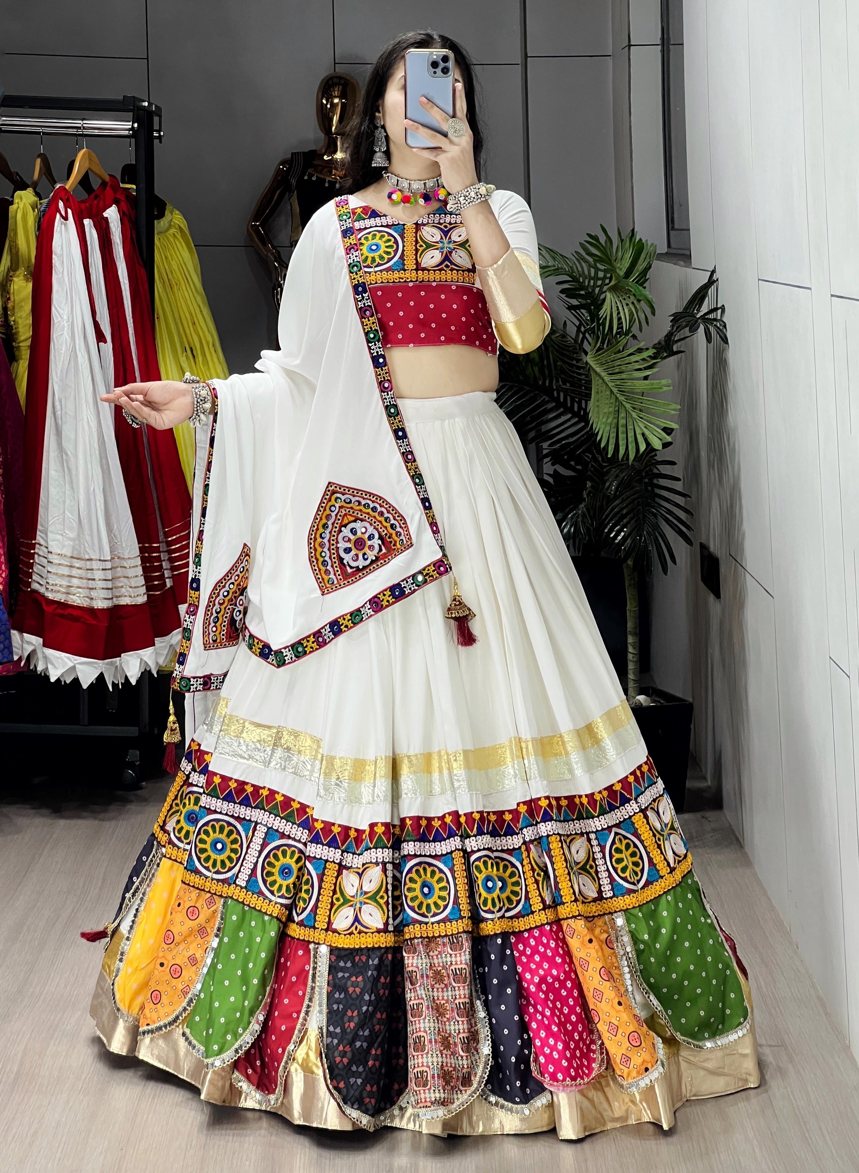 Pure Rayon Cotton Multi Kutchi Design White Concept 6M Flair Navratri Garba Chaniya Choli (Ready to Wear)