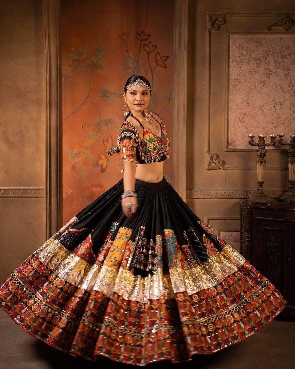 Muslin Cotton Original Kodi mirror work Navratri Garba Chaniya Choli (Stitched)