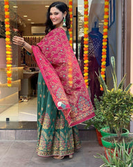 Roman Silk Foil Work Kurti Pant Dupatta Set (Stitched)