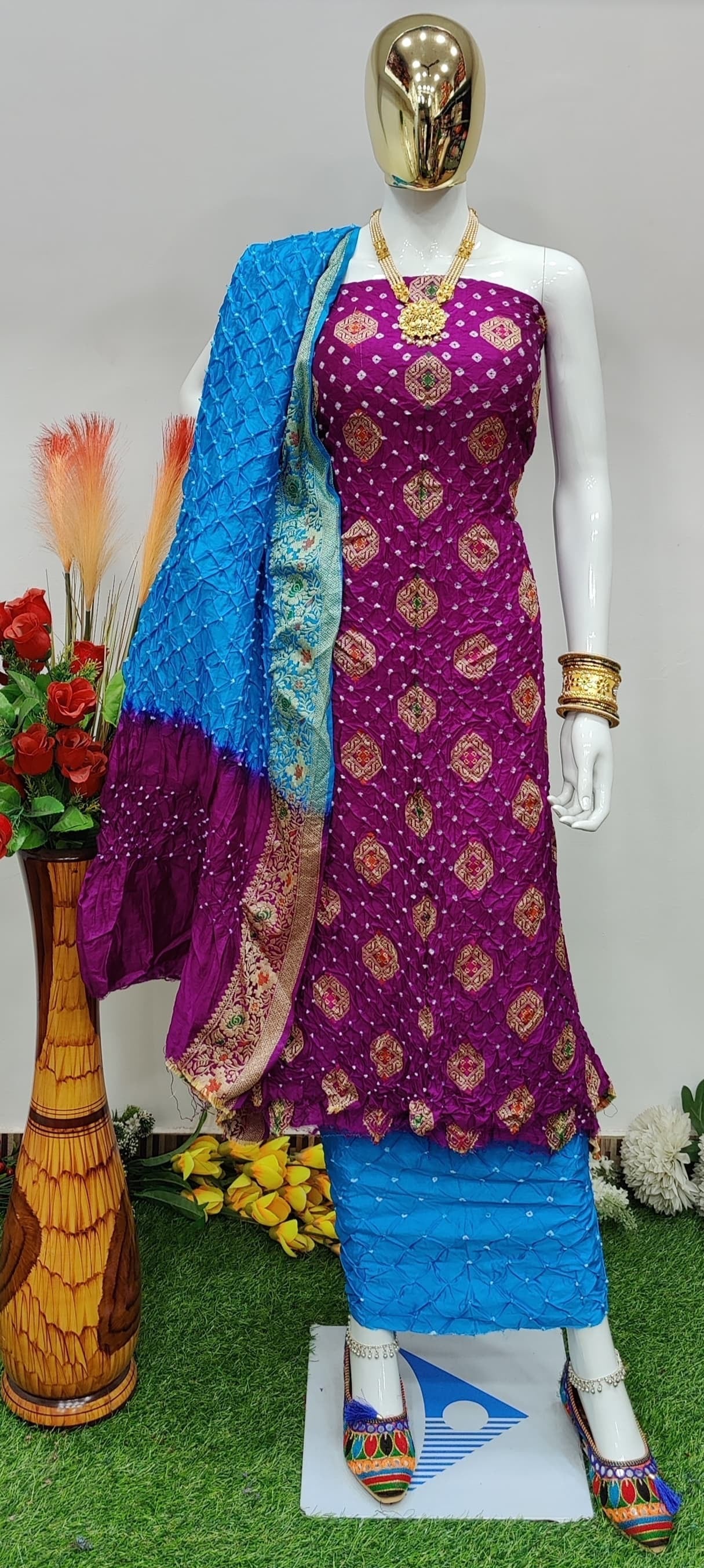 Original Dhupiyan Silk Kasab work Heavy Jamnagar Bandhani Dress
