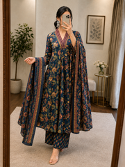 Soft Cotton Floral Print Work Flair Kurti Pant Dupatta Set (Ready to Wear)